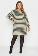 שמלה במידות גדולות צווארון עגול שרוול ארוך דוגמת פסים מיני 302882