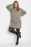 שמלה במידות גדולות צווארון עגול שרוול ארוך דוגמת פסים מיני 302882