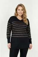 חולצה במידות גדולות שרוול ארוך צווארון V גומי בפרקי הידיים 302910