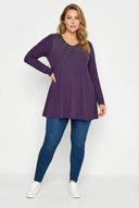 חולצה במידות גדולות צווארון V שרוול ארוך חזית מעוטרת באבנים 302919