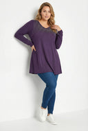 חולצה במידות גדולות צווארון V שרוול ארוך חזית מעוטרת באבנים 302919