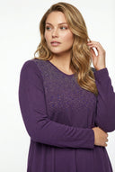 חולצה במידות גדולות צווארון V שרוול ארוך חזית מעוטרת באבנים 302919