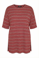 טישירט ארוכה במידות גדולות חצי שרוול צווארון עגול רחב דוגמת פסים שסעים בצדדים 302948