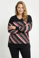 חולצה במידות גדולות צווארון V שרוול ארוך שסעים בצדדים עם הדפס פסים 303086