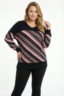חולצה במידות גדולות צווארון V שרוול ארוך שסעים בצדדים עם הדפס פסים 303086