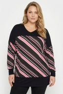 חולצה במידות גדולות צווארון V שרוול ארוך שסעים בצדדים עם הדפס פסים 303086