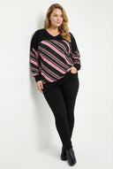 חולצה במידות גדולות צווארון V שרוול ארוך שסעים בצדדים עם הדפס פסים 303086