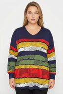 חולצה במידות גדולות צווארון V דוגמת פסים שסעים בצדדים שרוול ארוך 303117