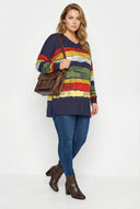 חולצה במידות גדולות צווארון V דוגמת פסים שסעים בצדדים שרוול ארוך 303117