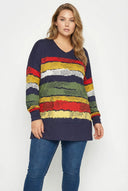 חולצה במידות גדולות צווארון V דוגמת פסים שסעים בצדדים שרוול ארוך 303117