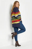 חולצה במידות גדולות צווארון V דוגמת פסים שסעים בצדדים שרוול ארוך 303117