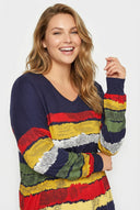 חולצה במידות גדולות צווארון V דוגמת פסים שסעים בצדדים שרוול ארוך 303117