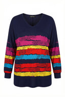 חולצה במידות גדולות צווארון V דוגמת פסים צבעוניים שרוול ארוך שסעים בצדדים 303118