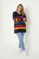 חולצה במידות גדולות צווארון V דוגמת פסים צבעוניים שרוול ארוך שסעים בצדדים 303118