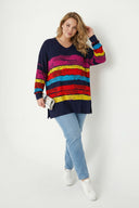 חולצה במידות גדולות צווארון V דוגמת פסים צבעוניים שרוול ארוך שסעים בצדדים 303118