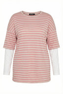 טישירט במידות גדולות צווארון עגול שרוולים דוגמת פסים 303119