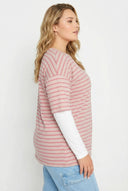 טישירט במידות גדולות צווארון עגול שרוולים דוגמת פסים 303119