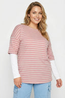 טישירט במידות גדולות צווארון עגול שרוולים דוגמת פסים 303119