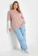 טישירט במידות גדולות צווארון עגול שרוולים דוגמת פסים 303119