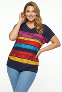 טישירט במידות גדולות צווארון V שרוול קצר דוגמת פסים 303120