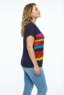 טישירט במידות גדולות צווארון V שרוול קצר דוגמת פסים 303120