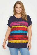 טישירט במידות גדולות צווארון V שרוול קצר דוגמת פסים 303120