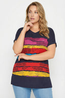 טישירט במידות גדולות צווארון V שרוול קצר דוגמת פסים 303120