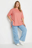 טישירט במידות גדולות צווארון עגול רחב שרוול 3/4 שסעים בצדדים דוגמת פסים 303127