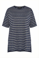 טישירט במידות גדולות צווארון עגול קצר דוגמת פסים מבריקה שסעים בצדדים 303611