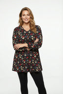 חולצה במידות גדולות שרוול ארוך צווארון V חזית עם קפלים דוגמת פרחים חולצה 303720