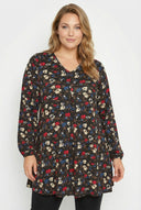 חולצה במידות גדולות שרוול ארוך צווארון V חזית עם קפלים דוגמת פרחים חולצה 303720