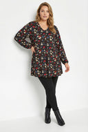 חולצה במידות גדולות שרוול ארוך צווארון V חזית עם קפלים דוגמת פרחים חולצה 303720