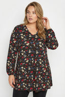 חולצה במידות גדולות שרוול ארוך צווארון V חזית עם קפלים דוגמת פרחים חולצה 303720