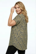 חולצה במידות גדולות צווארון פתוח עם חריץ שרוול קצר מכפלת אסימטרית עם הדפס 303867