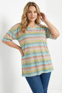 טישירט במידות גדולות עם צווארון V ודוגמת זברה פסים