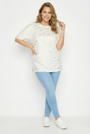 טישירט במידות גדולות שרוול קצר צווארון עגול טוניקה שסעים בצדדים עם הדפס 303955