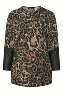 טי־שירט במידות גדולות שרוול ארוך צווארון עגול עם פרטי עור 304307