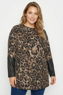 טי־שירט במידות גדולות שרוול ארוך צווארון עגול עם פרטי עור 304307