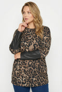 טי־שירט במידות גדולות שרוול ארוך צווארון עגול עם פרטי עור 304307