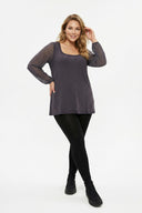 חולצה במידות גדולות שרוול טול ארוך מעוטרת באבנים בחזית צווארון עגול חולצה 321850-U