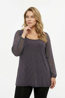 חולצה במידות גדולות שרוול טול ארוך מעוטרת באבנים בחזית צווארון עגול חולצה 321850-U