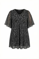 חולצה במידות גדולות צווארון V שרוולי טול עם הדפס 321998