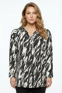 חולצה מכופתרת במידות גדולות צווארון V שרוול ארוך כפתורים עם הדפס בד גמיש 322166