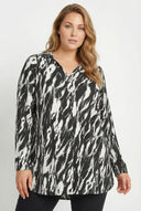 חולצה מכופתרת במידות גדולות צווארון V שרוול ארוך כפתורים עם הדפס בד גמיש 322166