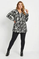 חולצה מכופתרת במידות גדולות צווארון V שרוול ארוך כפתורים עם הדפס בד גמיש 322166