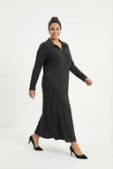 שמלה  ארוכה במידות גדולות שרוול ארוך צווארון V בד במרקם מתרחבת 322181