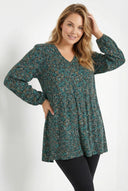 טי־שירט במידות גדולות שרוול ארוך צווארון V דוגמת פרחים 322980