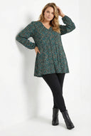 טי־שירט במידות גדולות שרוול ארוך צווארון V דוגמת פרחים 322980