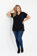 טישירט במידות גדולות שרוול קצר צווארון V שסעים בצדדים RFT-02