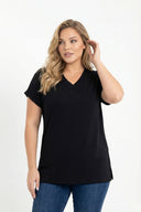 טישירט במידות גדולות שרוול קצר צווארון V שסעים בצדדים RFT-02